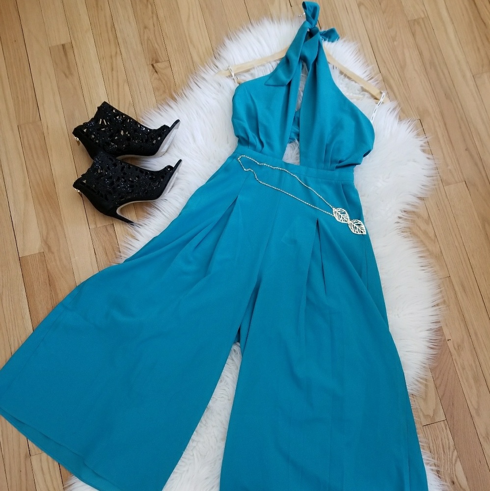 6 Shore Road Teal Wide Leg, Halter Top Jumpsuit